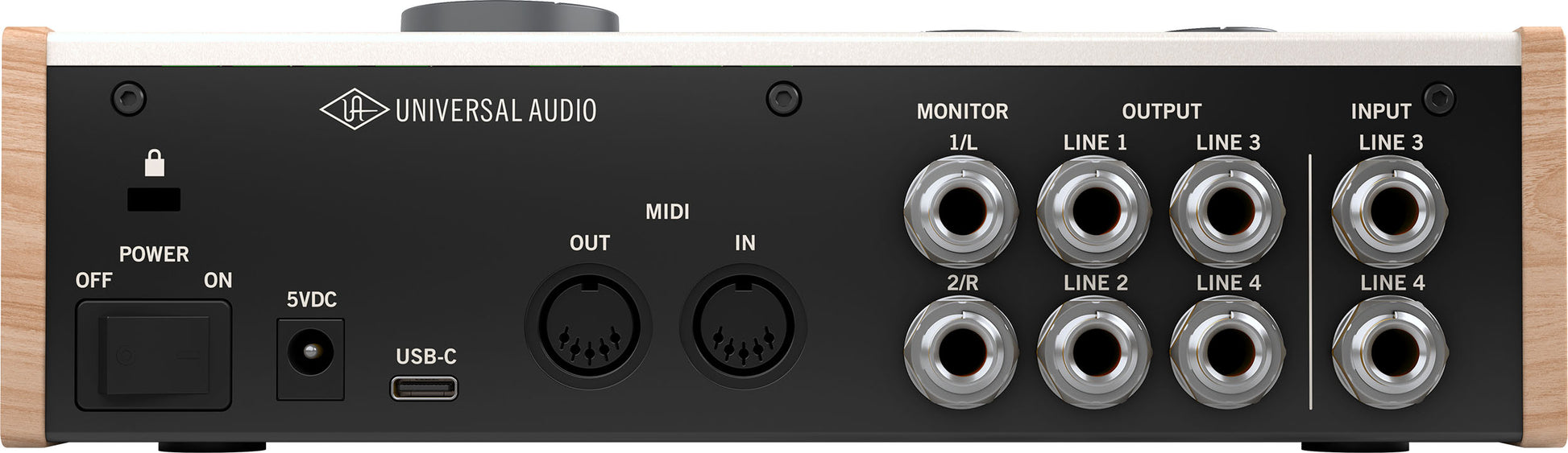 Back panel of a Universal Audio audio interface with various connectors and labels.