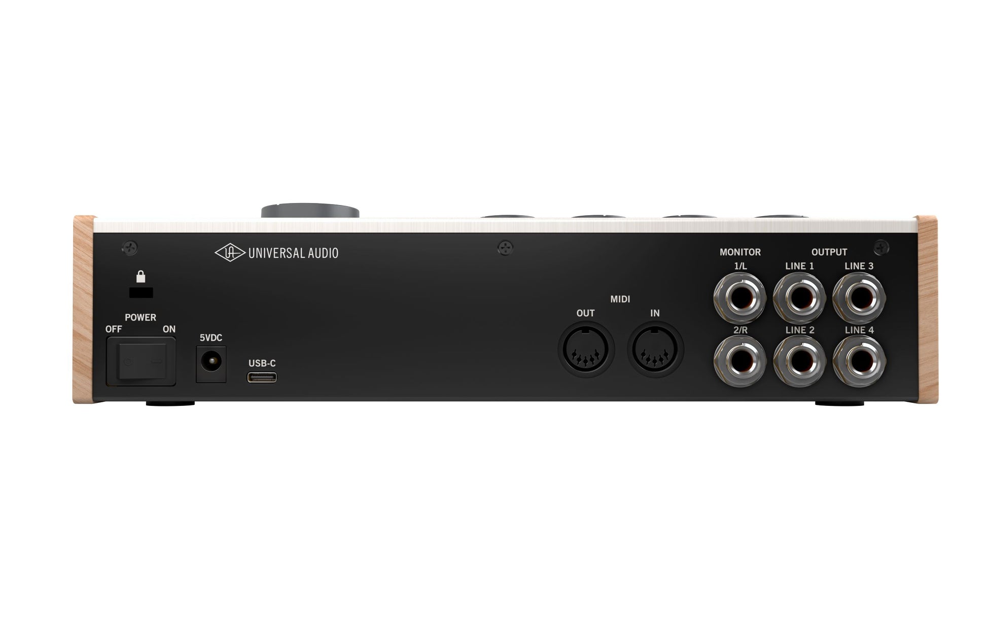 Back view of a Universal Audio audio interface with multiple connectors on a white background