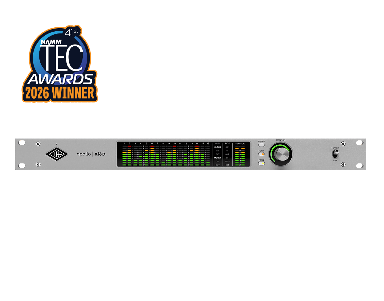 Universal Audio Apollo x16D Dante audio interface with 2026 NAMM TEC Award badge