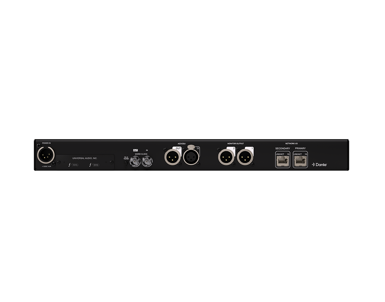 Universal Audio Apollo x16D rear panel with Dante, AES/EBU, word clock, monitor, and Thunderbolt connections