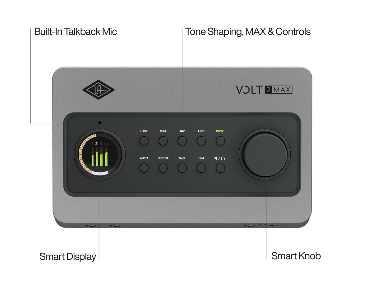 Universal Audio Volt 2 Max USB audio interface - controls and connectivity view