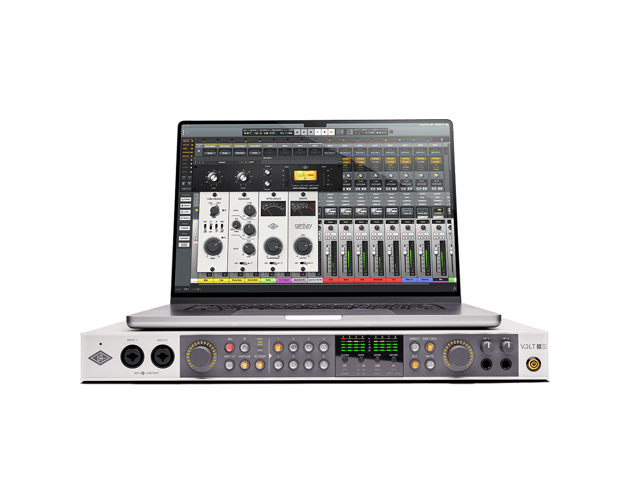 Universal Audio Volt 876 rear panel with analog outputs, ADAT, MIDI, and word clock